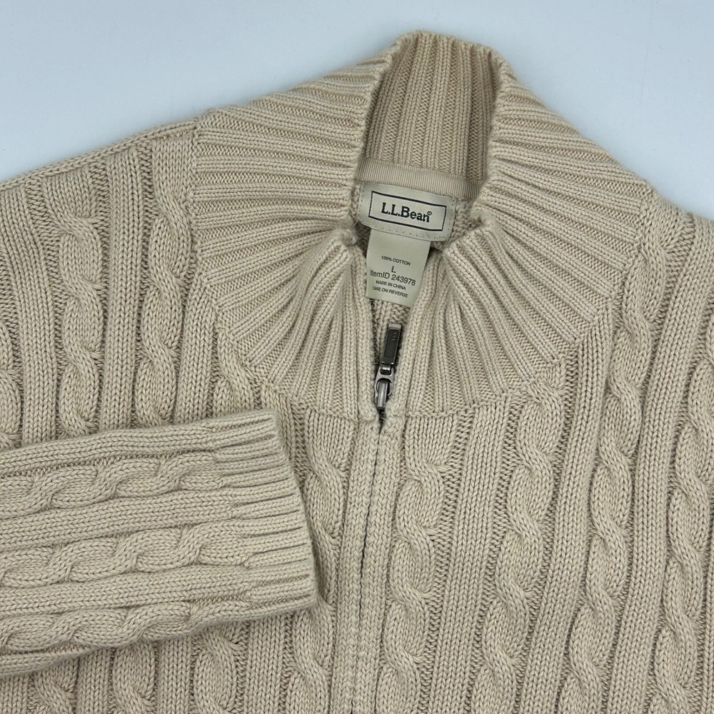 LLBean Women's Large Cable Knit‎ Zip Up Sweater Beige Mock Neck Long Sleeve